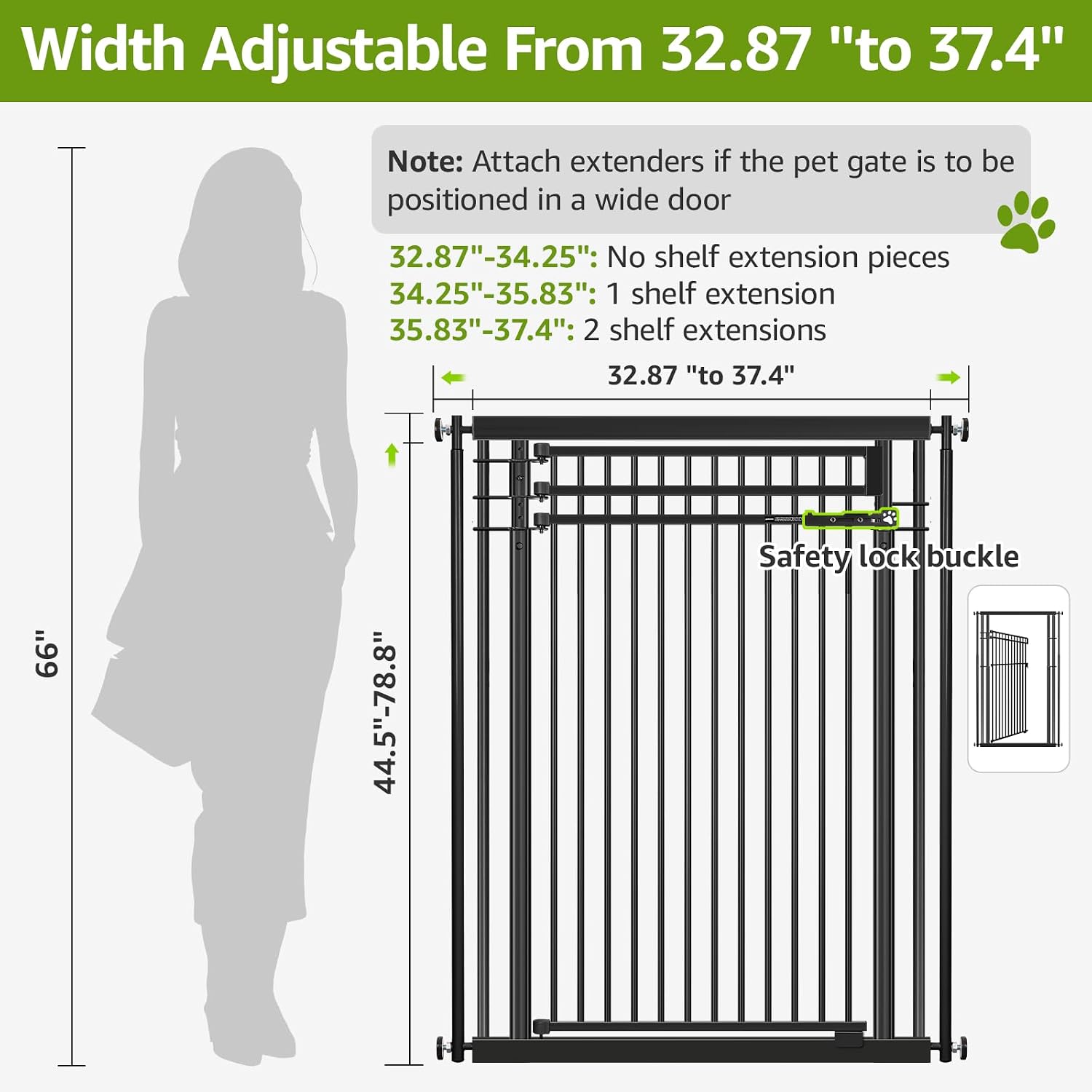 78.8" Extra Tall Pet Gate for Cat/Dog, 32.8-37.4" Wide Tall Cat Gate for Doorways/Hallways, NO Drilling Pressure Mounted Dog Gate for Stairs, Studio, Kitchen (Black)