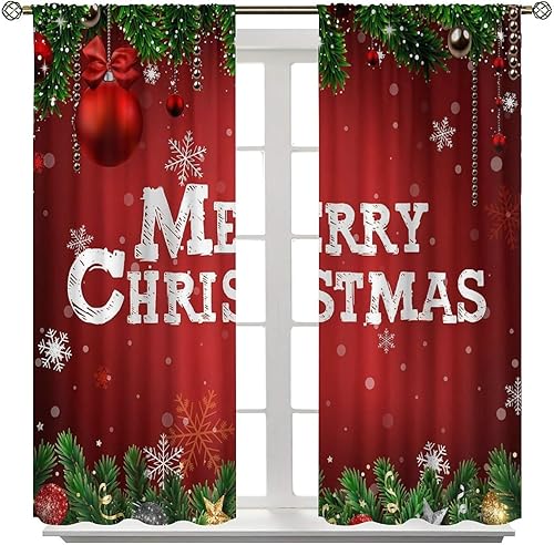 Miniatura 2 de Cortinas rojas de Navidad con pino, abeto, temporada festiva, arte clásico, impreso, sala de estar, dormitorio, cortinas de ventana, tela de