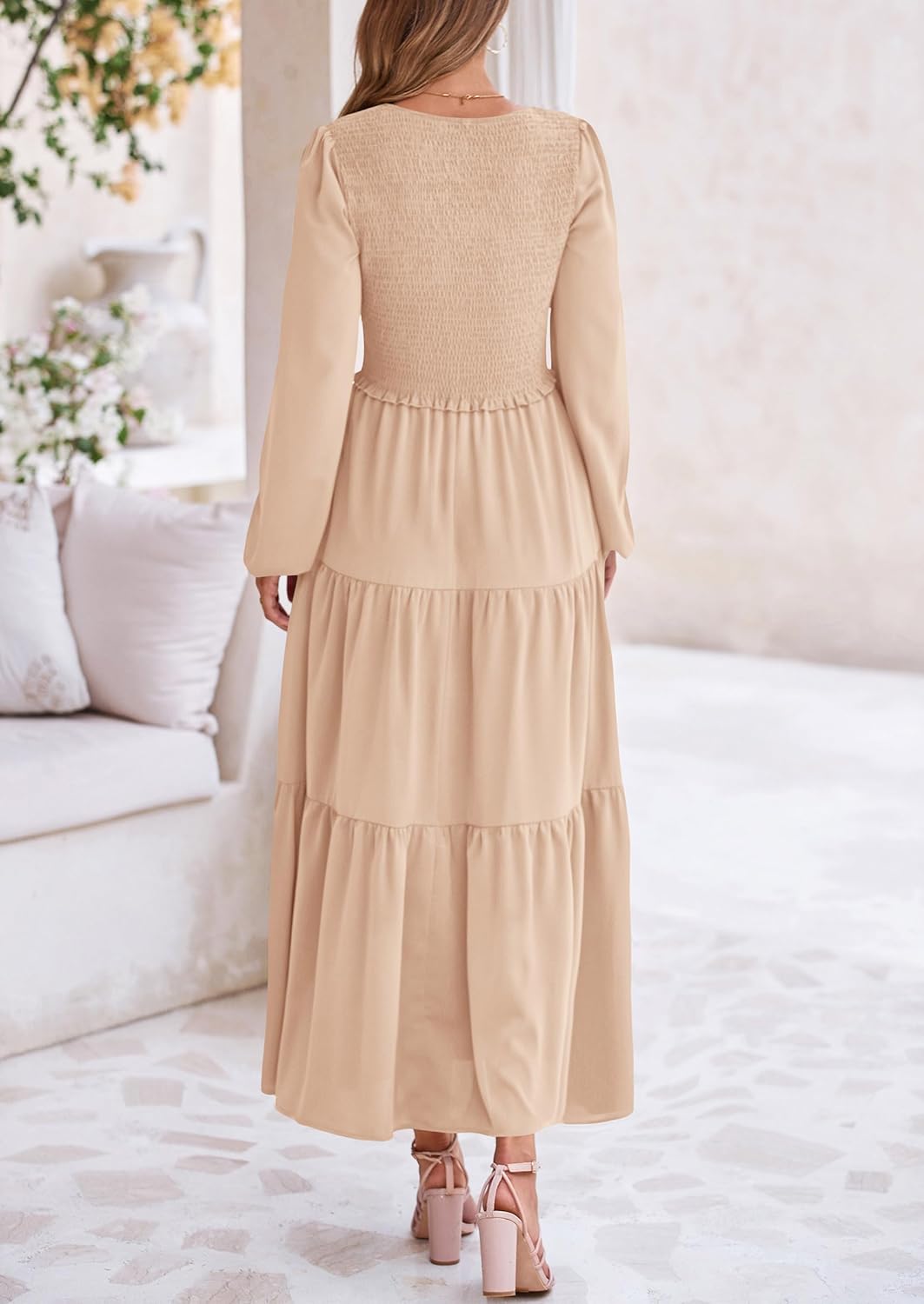 PRETTYGARDEN Fall Dresses for Women 2025 Casual Long Sleeve V Neck Smocked A Line Long Flowy Wedding Guest Dress - Image 2