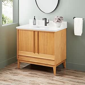 Signature Hardware 955208-36-RUMB-1 Sybill 36" Freestanding Teak Single Basin Vanity Set with Cabinet, Vanity Top, and Rectangular Porcelain Sink - Single Faucet Hole - Natural Teak/Arctic White