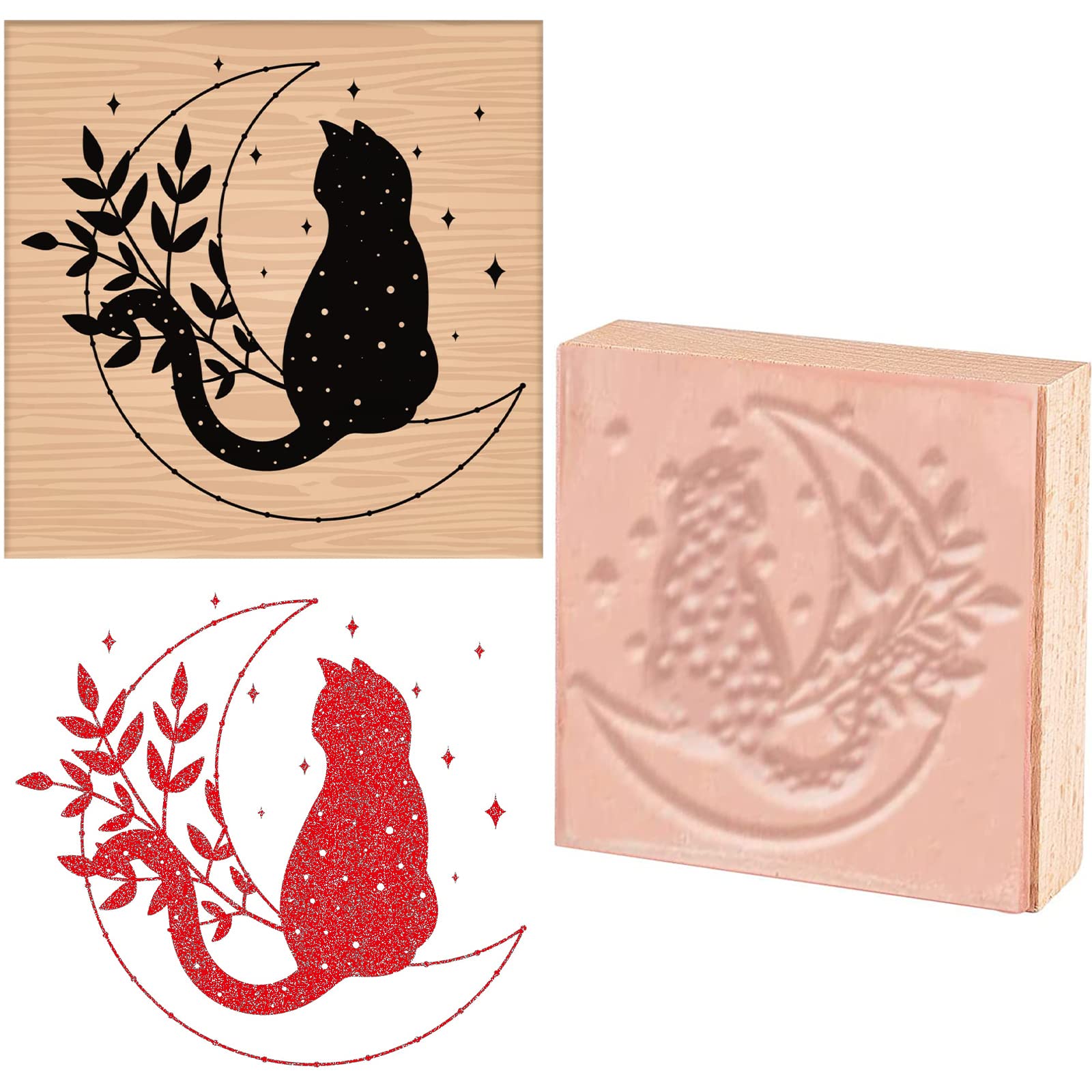 CRASPIRE Wooden Rubber Stamp Moon Cat Star Decorative Wood Stamps Vintage Wood Mounted Rubber Stamps for Card Making DIY Art Crafts Scrapbooking Journal Diary Letter Planner