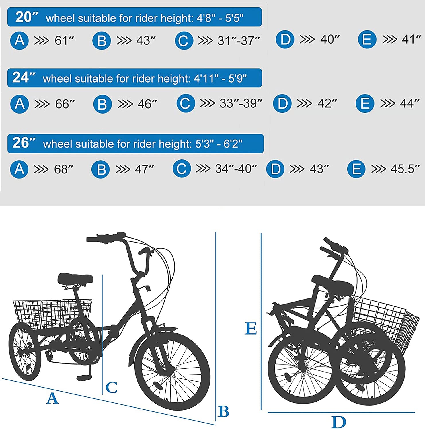ABORON Adult 20/24/26 Inch Tricycles With Big Basket, Adults Speed Trikes  Wheel Bikes Cruise Bike Seniors Women Men Recreation Shopping Multiple