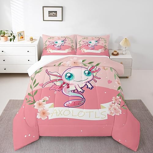 Miniatura 6 de Juego de edredón de ajolote de dibujos animados para niñas, juego de ropa de cama de ajolote lindo para niños y niñas, edredón Kawaii Salamandra,