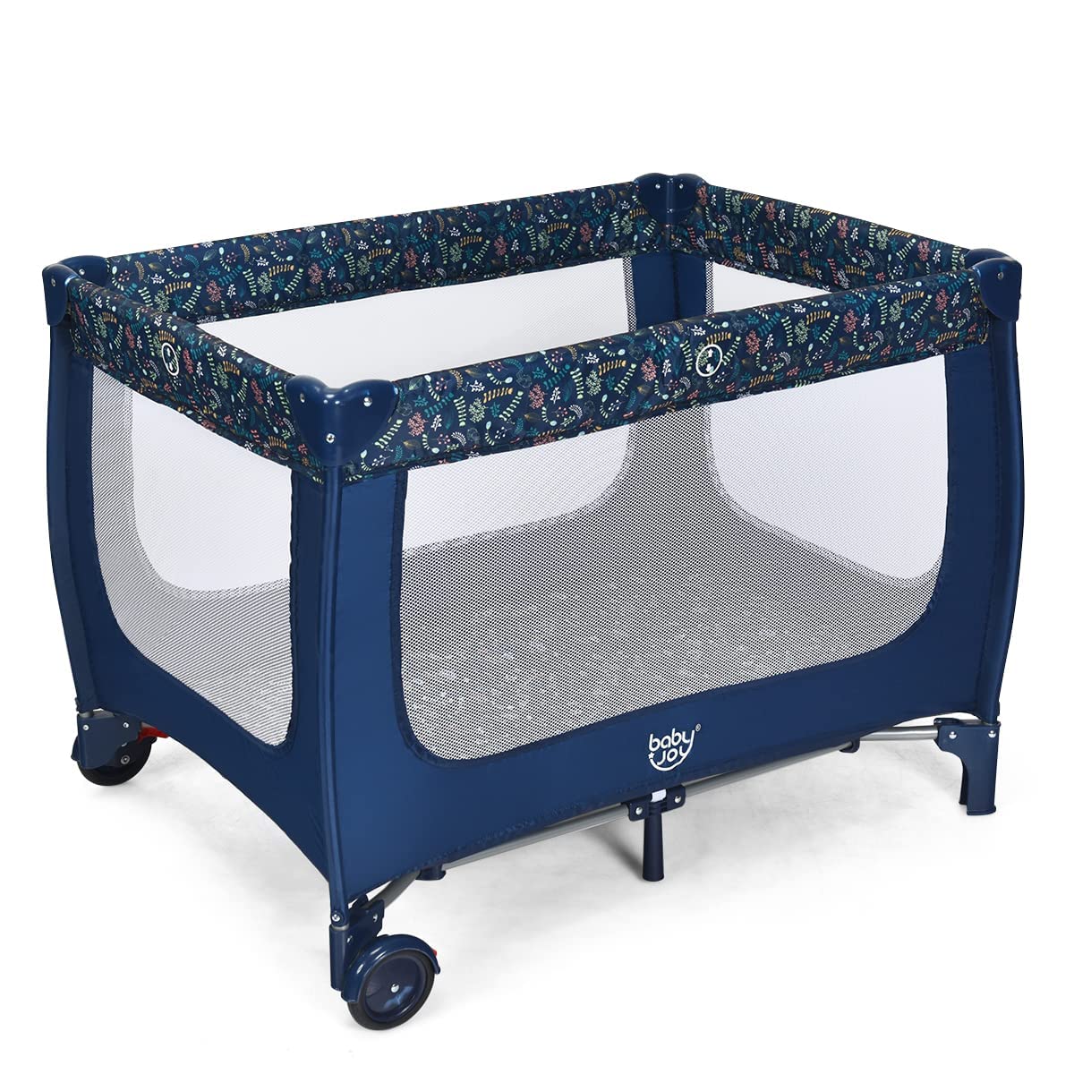 RELAX4LIFE Lettino Neonato con Materasso, Lettino da Campeggio per Bambini, Culla da Viaggio con 2 Ruote con Freno e Borsa, per Bambini 0-36 Mesi (Blu)