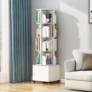 Rotating Bookshelf Tower,360 Rotating Bookcase,Circular Floor Cabinet,Round Floor Cabinet with Wheels,Small Space Bookshelf for Bedroom, Study, Library White,5-Tier