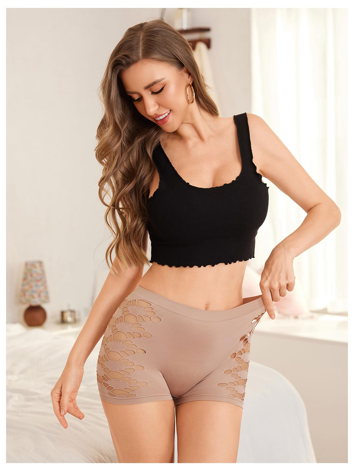 OYOANGLE Women's Cut Out Mid Rise Boyshort Panties Solid Plain Criss Cross Seamless Underwear: X-Large Apricot