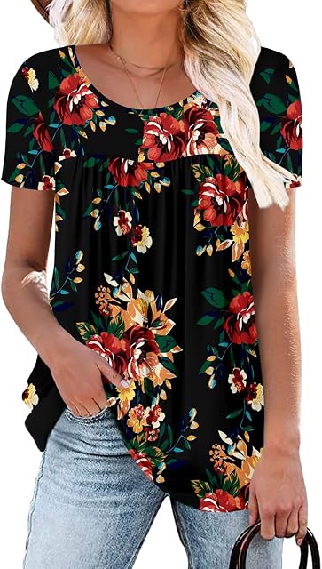 KISSMODA Womens Summer Tops Tunics with Decoration Button Short Sleeves Loose Fit Blouses for Ladies