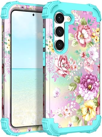 Hocase for Galaxy S23 Plus Case, Shockproof Heavy Duty Protection Soft Silicone Rubber Bumper+Hard Plastic Hybrid Protective Case for Samsung Galaxy S23 Plus 6.6" 2023 - Purple/Pink Flowers