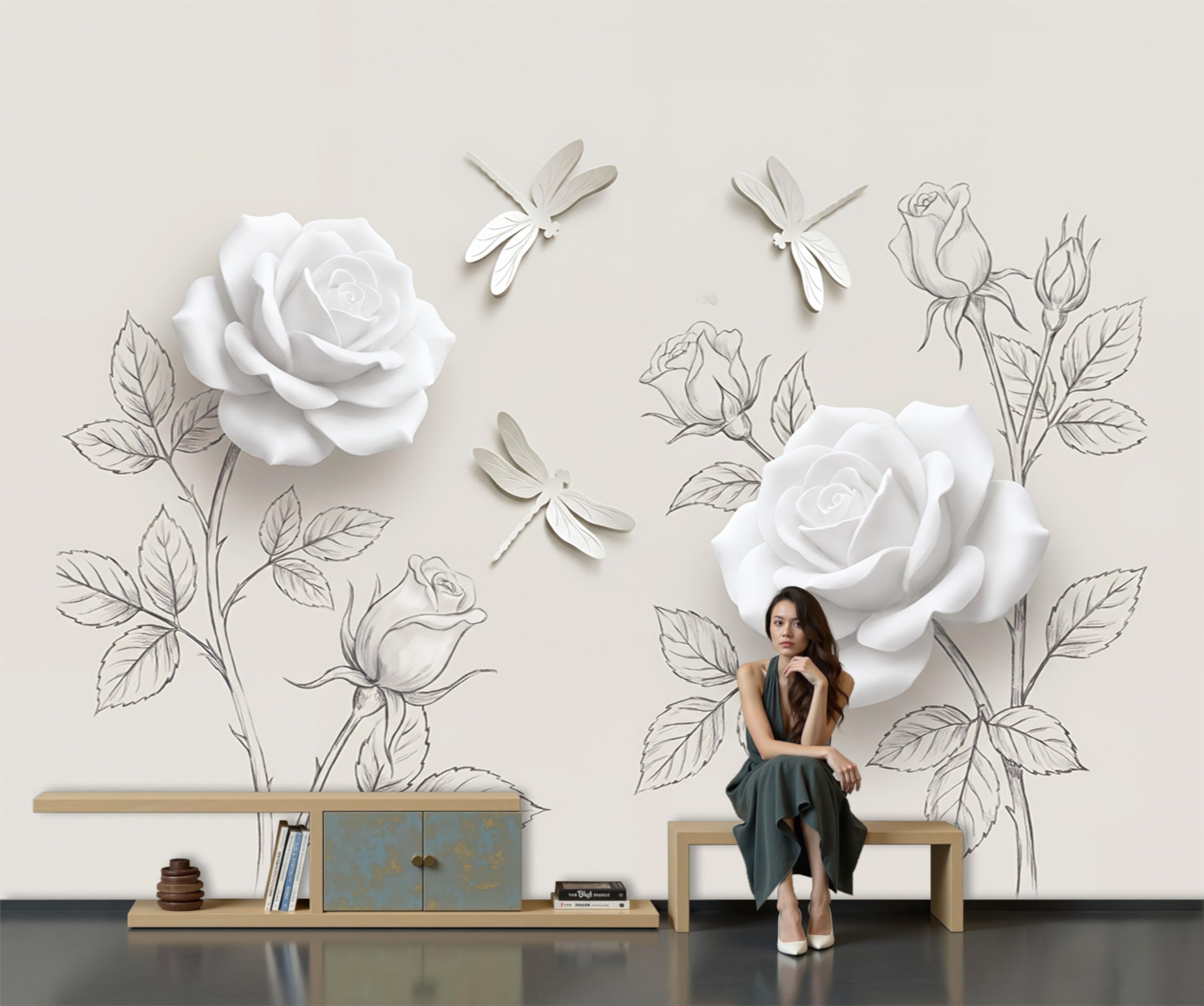 Carta da Parati Panoramica Fiori semplici in rilievo 350x256cm | Foglie di libellula rosa Foto Wallpaper Poster Gigante Design Bianco Murale Decor della Parete