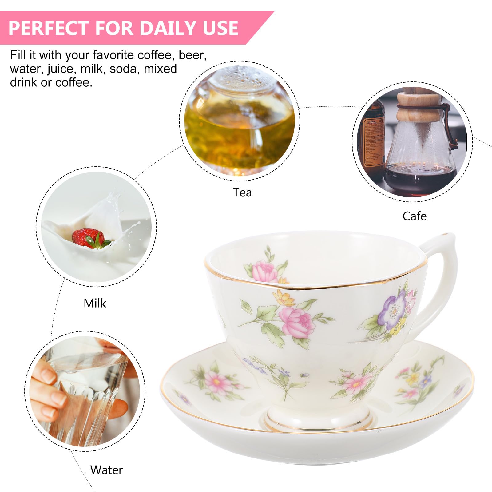 1set Tazze da Caffè e Piattini in Bone China con Vassoio Tazza da Tè per Pomeriggio Design Elegante Facile da Pulire Adatto per Caffè Tè e Bevande Varie