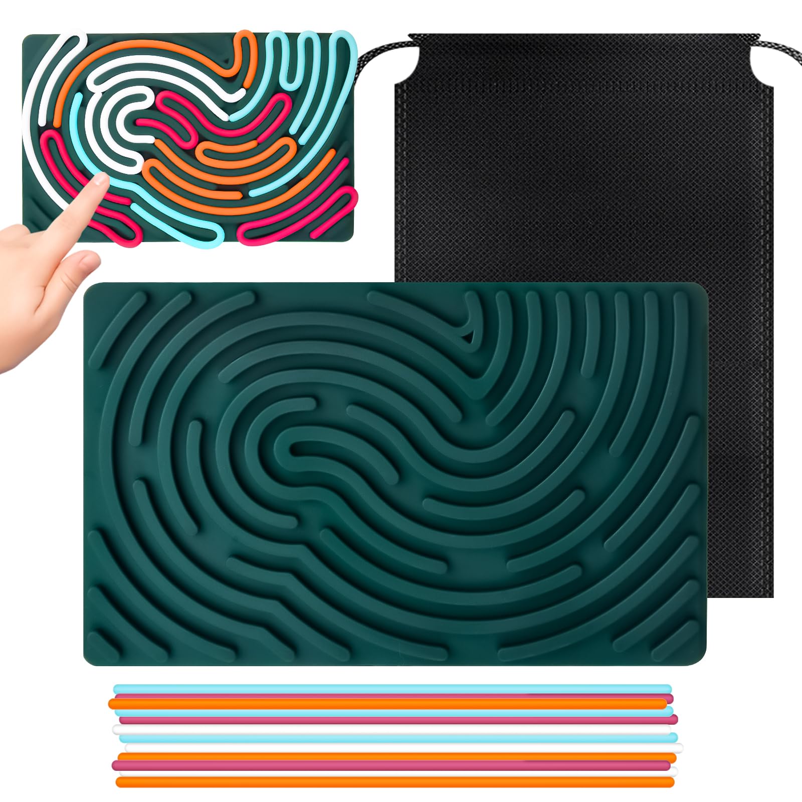 Sensory Activity Board, Silicone Sensory Toys for Autism, Stress Relief, Calming, Fidgets Toys for Kids & Adults, Anxiety Relief Busy Board with with Portable Travel Bag & 12 Strings