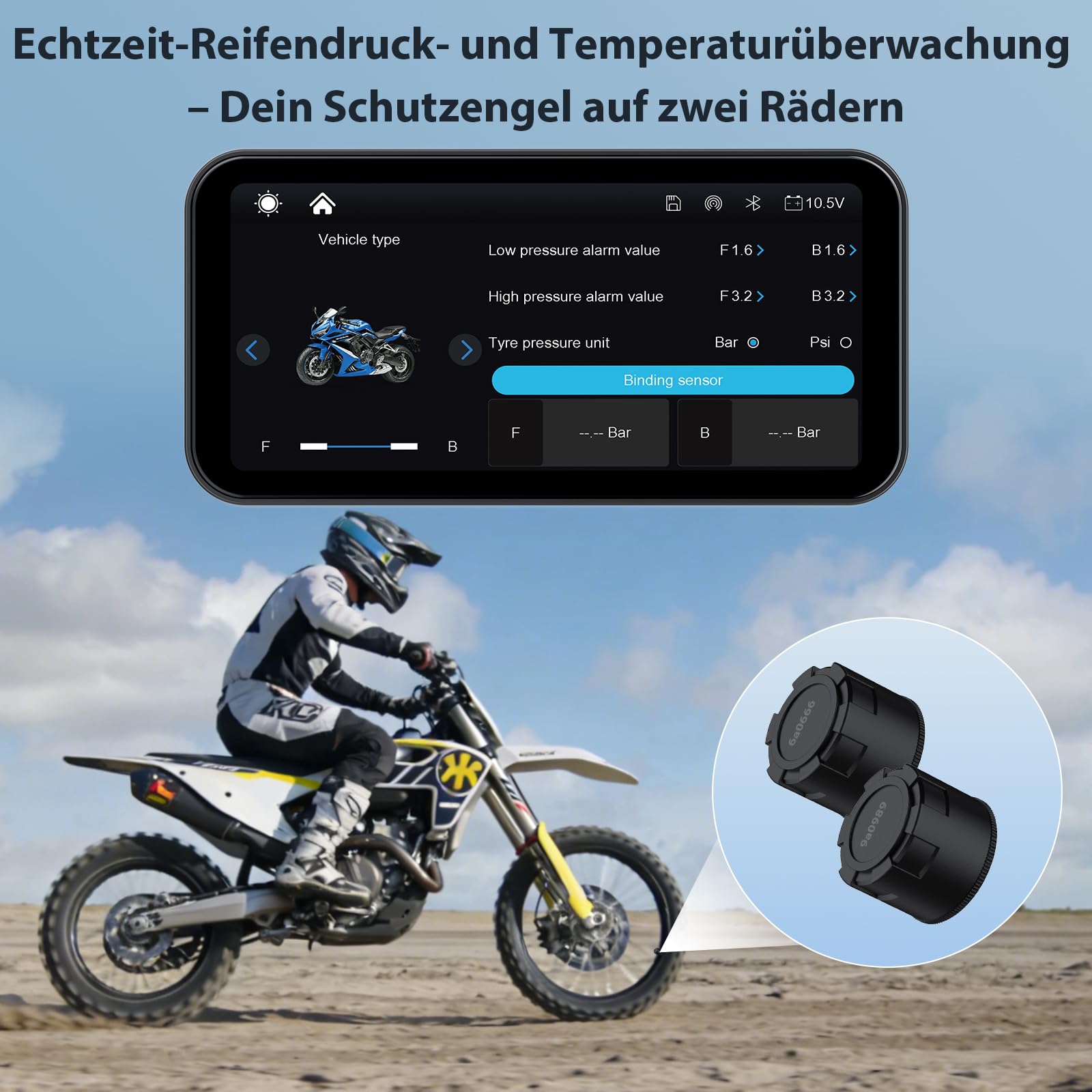 A622 Motorrad CarPlay 6.25 Zoll-Touchscreen-Display, kabelloses CarPlay und Android Auto, IP67 wasserdicht, Reifendruckkontrollsystem (TPMS), Dual-Bluetooth, GPS, USB/Acc-Stromversorgung