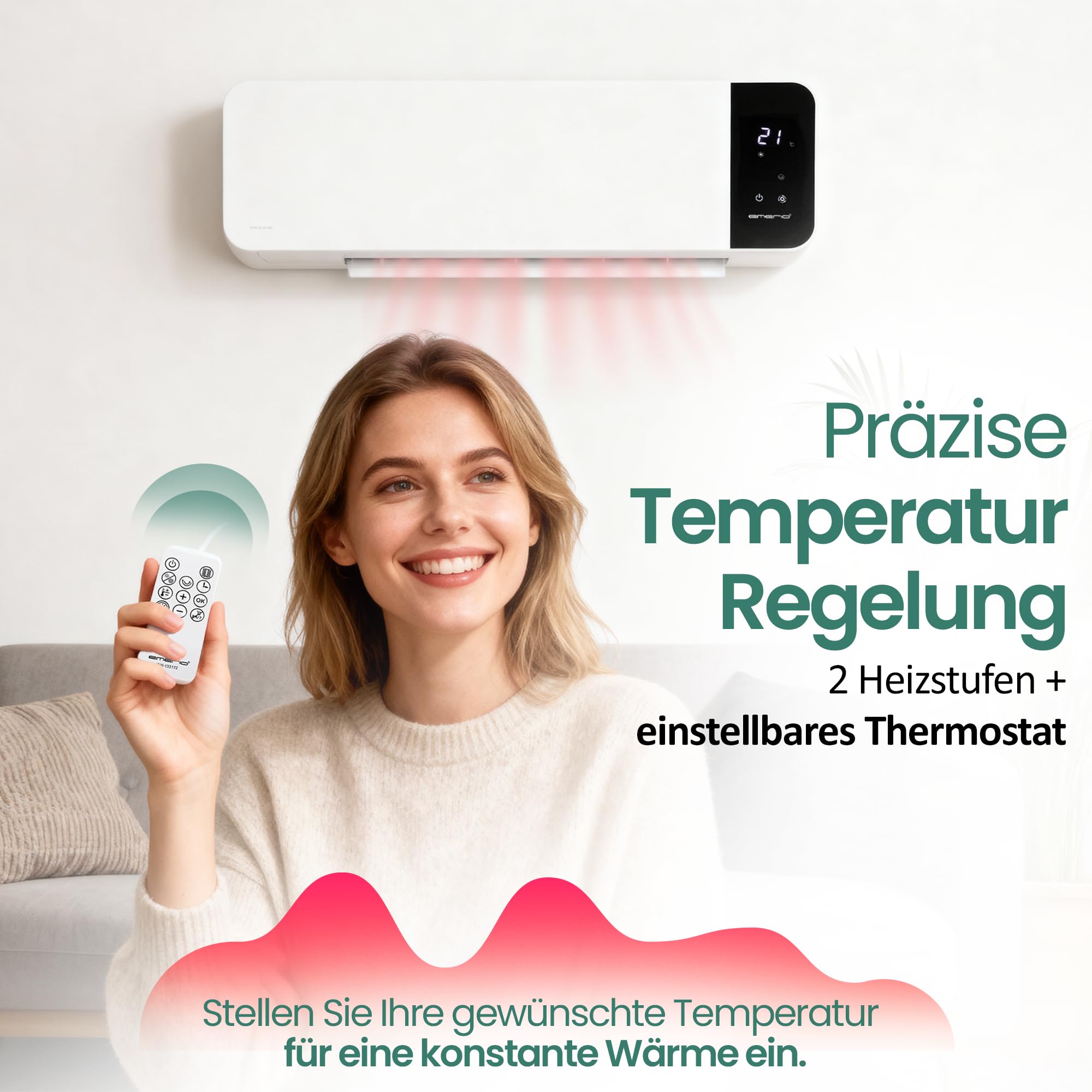 EMERIO Termoventilatore da parete, 2000 W, timer regolabile per settimane, elemento riscaldante PTC (ceramica), 2 livelli di riscaldamento, termostato regolabile, finestra aperta, rilevazione