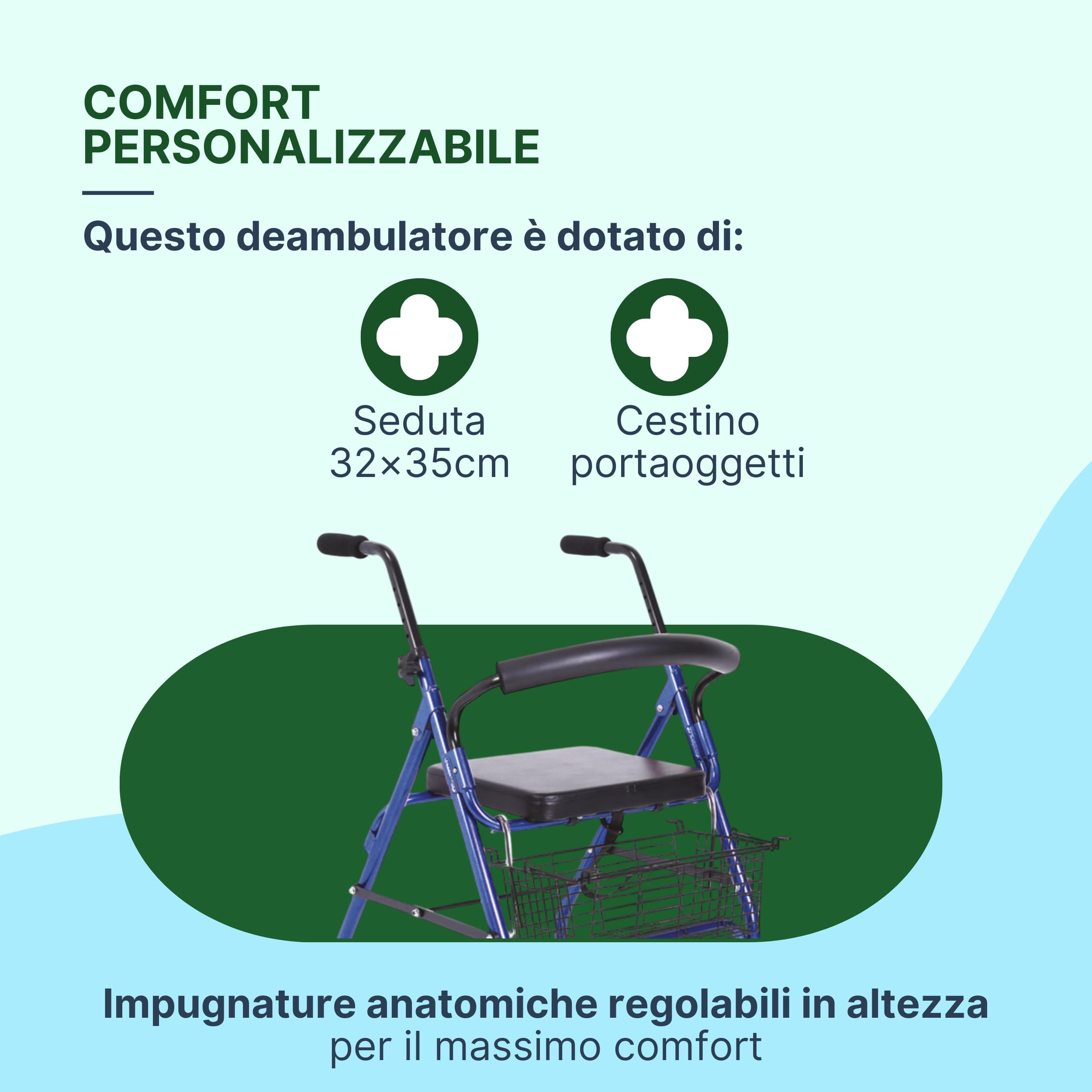 Rollator Deambulatore con Seduta per Anziani e Disabili con Freno a Pressione - Deambulatore per Anziani 4 Ruote Pieghevole con Cestino Porta Oggetti