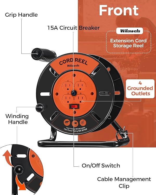 WILAWELS Extension Cord Storage Reel with 4-Grounded Outlets, Heavy Duty Open Cord Reel for 12/3,14/3,16/3 Gauge Power Cord, Hand Wind Retractable, 15A Circuit Breaker, ETL Listed, Orange G95CR06 by WILAWELS - Used condition - Image 2
