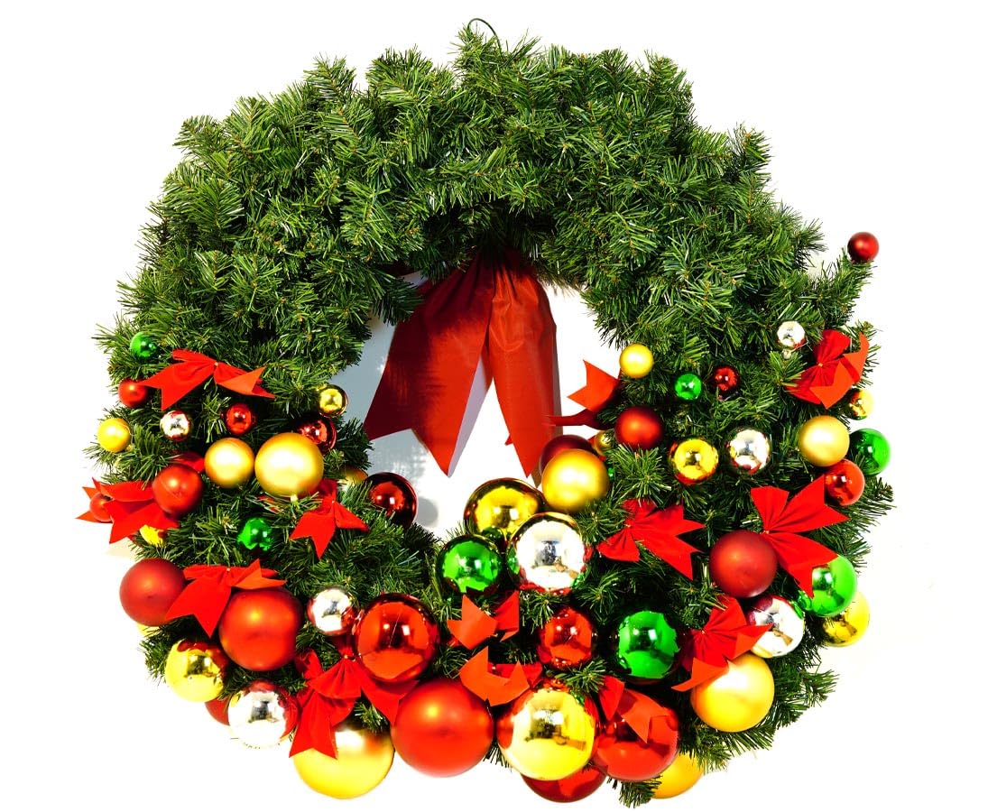 Adventskranz, Künstlich, Weihnachten, PVC-Material, Grün mit Bunten Kugeln, Aufhängbar, Rund, 95 cm Durchmesser - großer Adventskranz