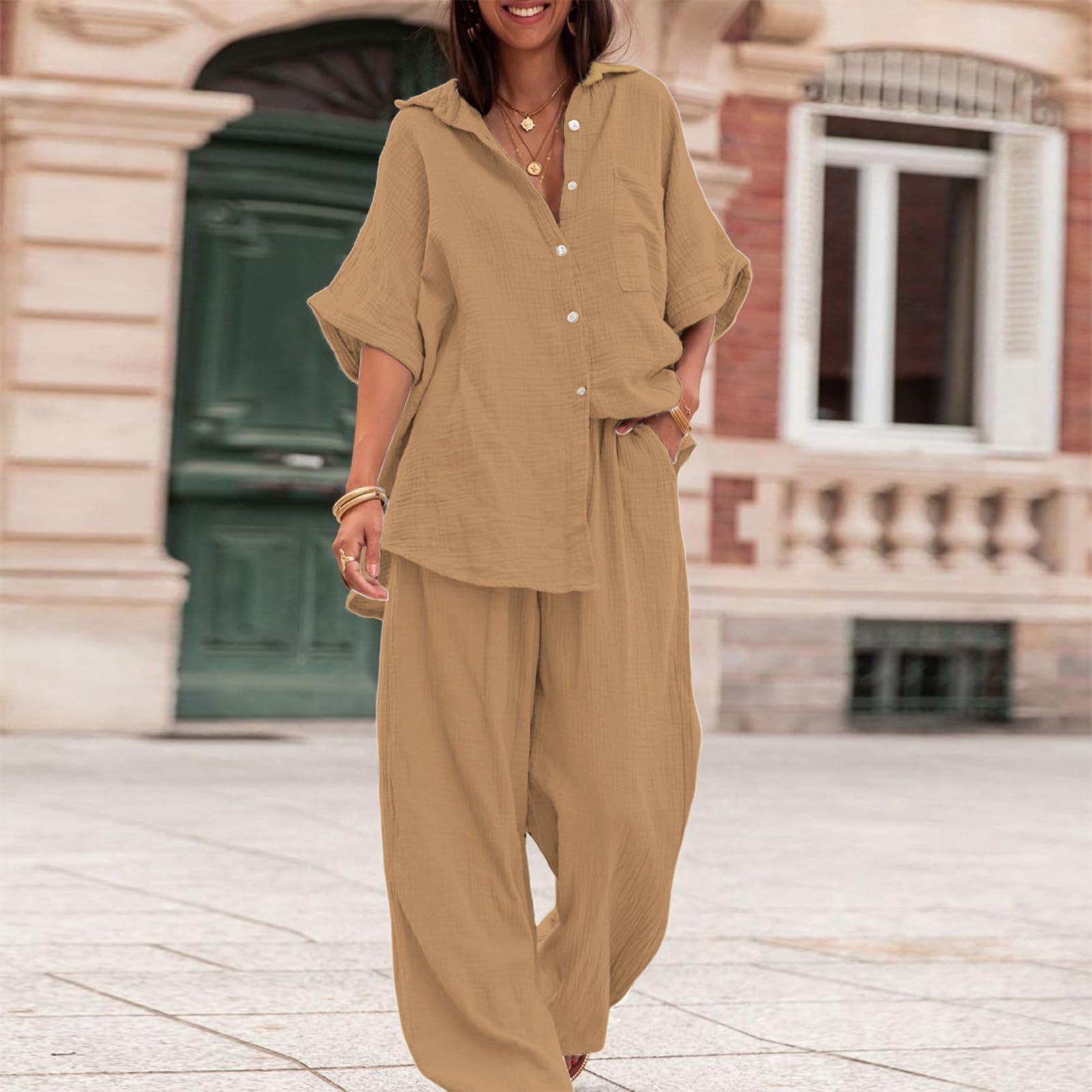 amropi Ensemble de Vêtements Femme Col en V Bouton Haut de Chemise Longues Pantalon Large Loungewear Set