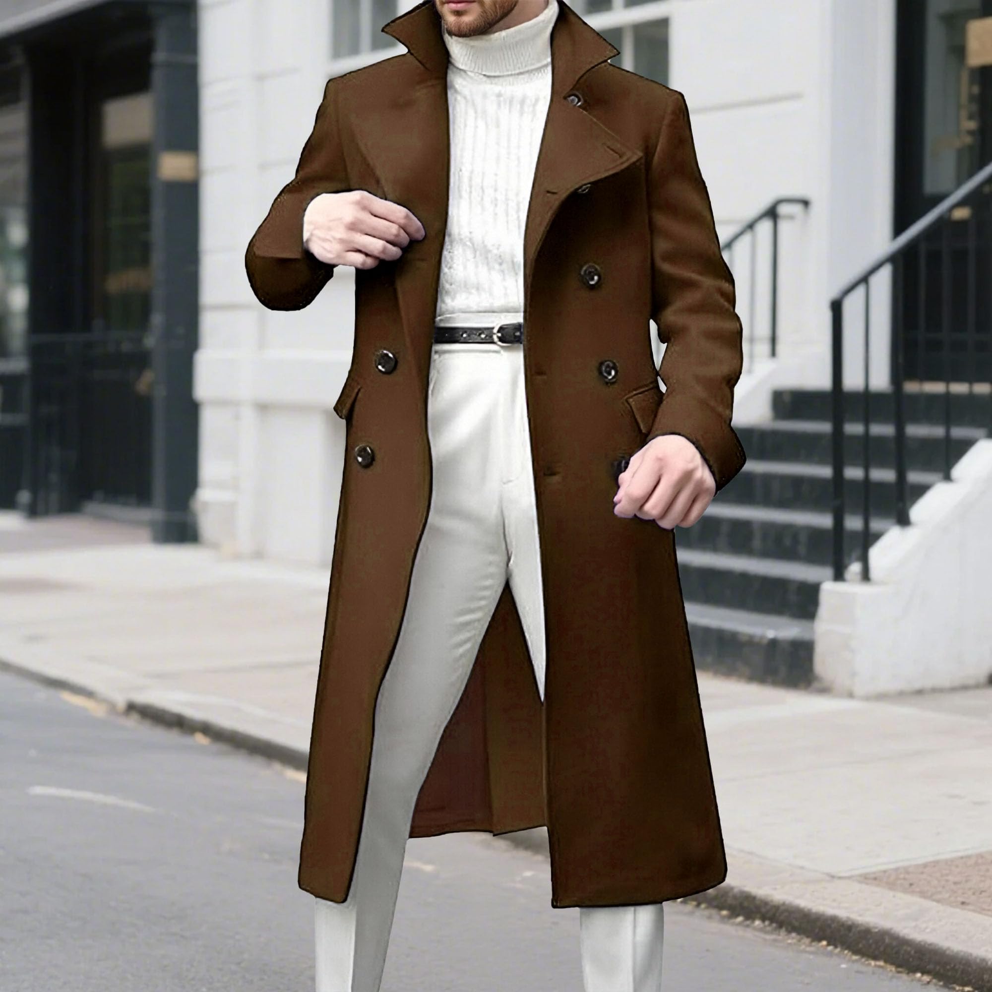 Cappotto lungo da uomo con revers a lancia, doppiopetto, vestibilità slim, casual, primaverile, invernale, caldo e morbido