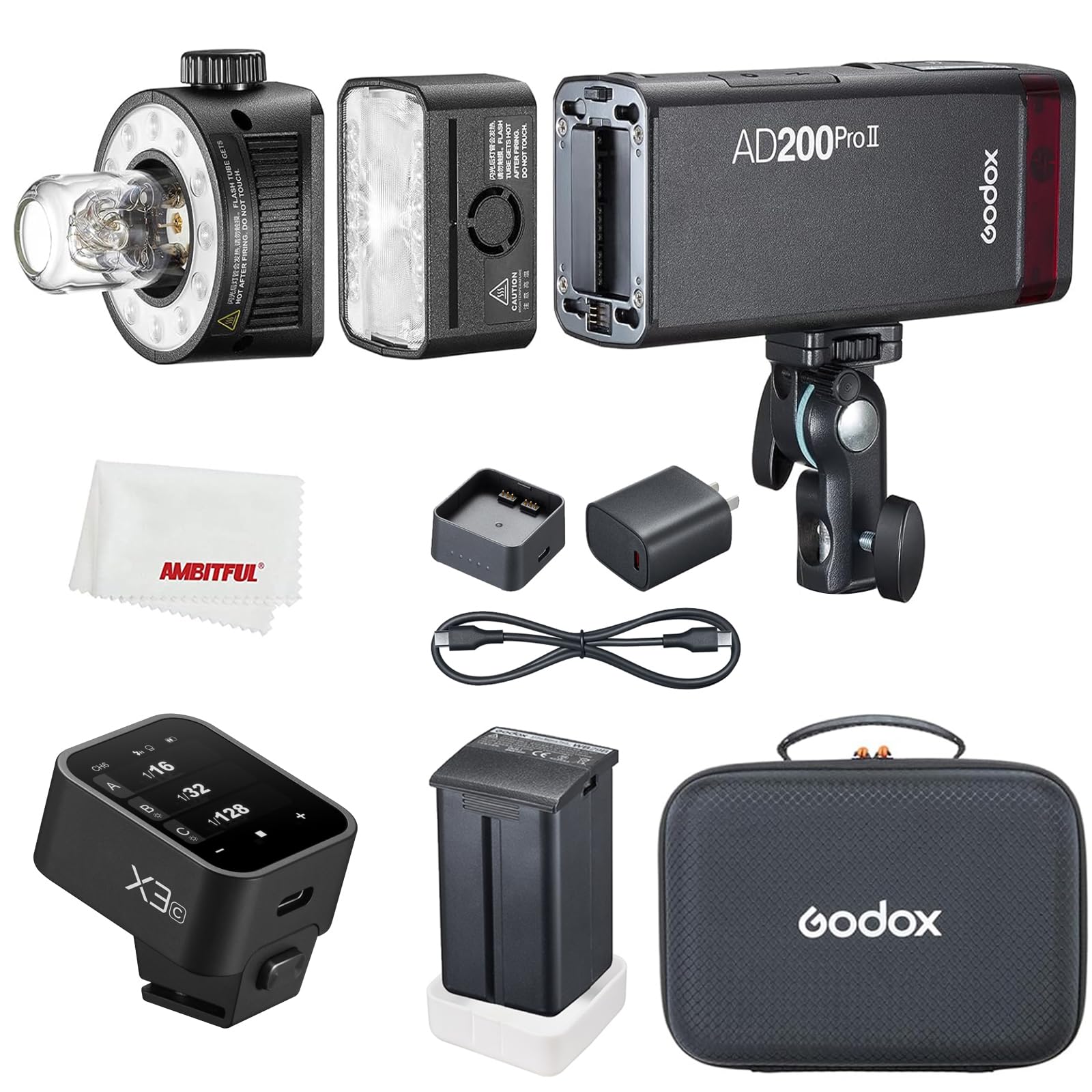 Godox AD200Pro II AD200 pro II Flash Strobe,with X3C Flash Trigger for Canon,200Ws 1/512~1/1,1/8000 HSS,0.01-1.8s Recycle Time, 2980mAh Battery,Bare Bulb/Speedlite Fresnel Flash Head