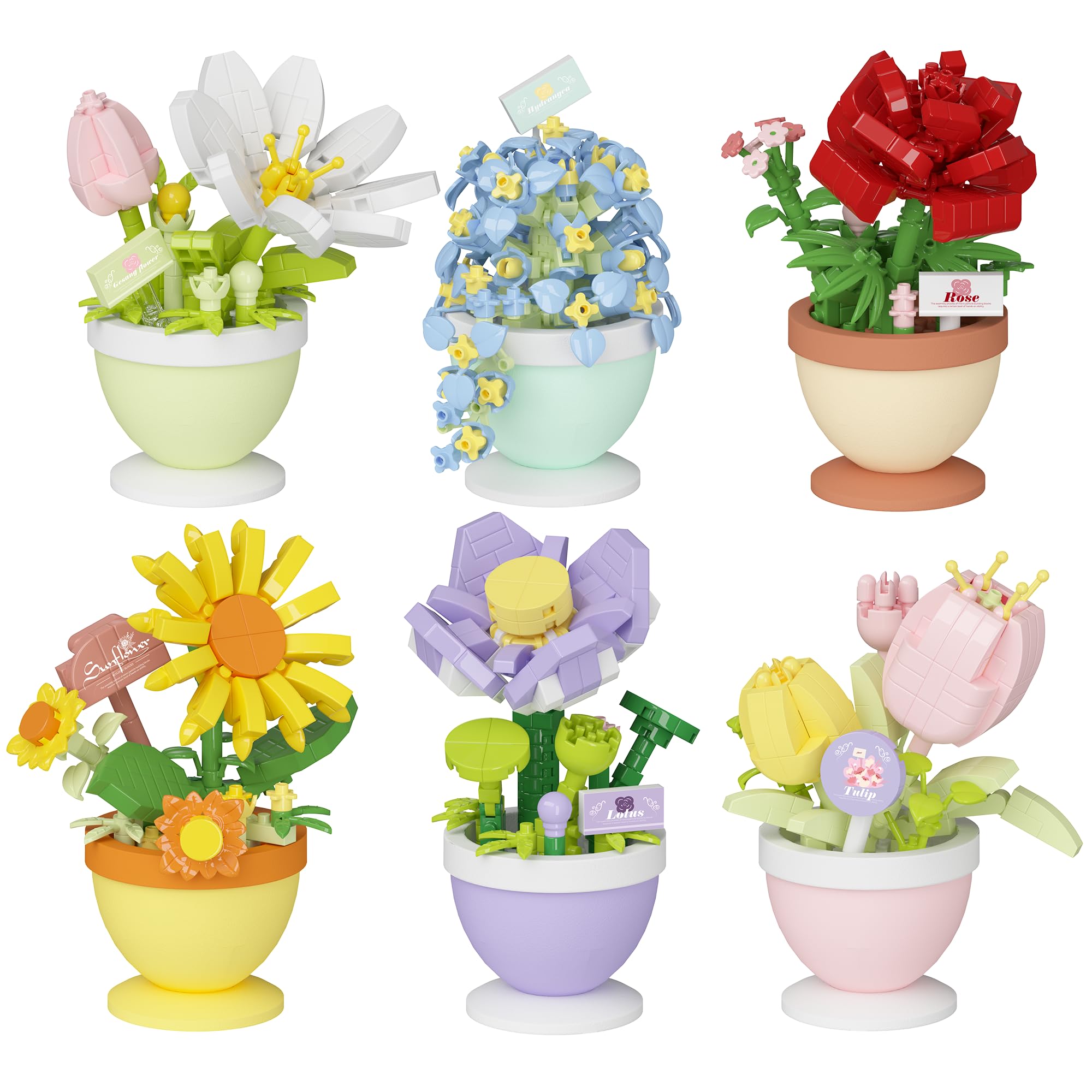 Jollcnoia 6 Set Mini Flower Bonsai Building Toy Potted Plant Blocks Artificial Particle Flower Botanical | Blocks Particle Botanical Floral Collection