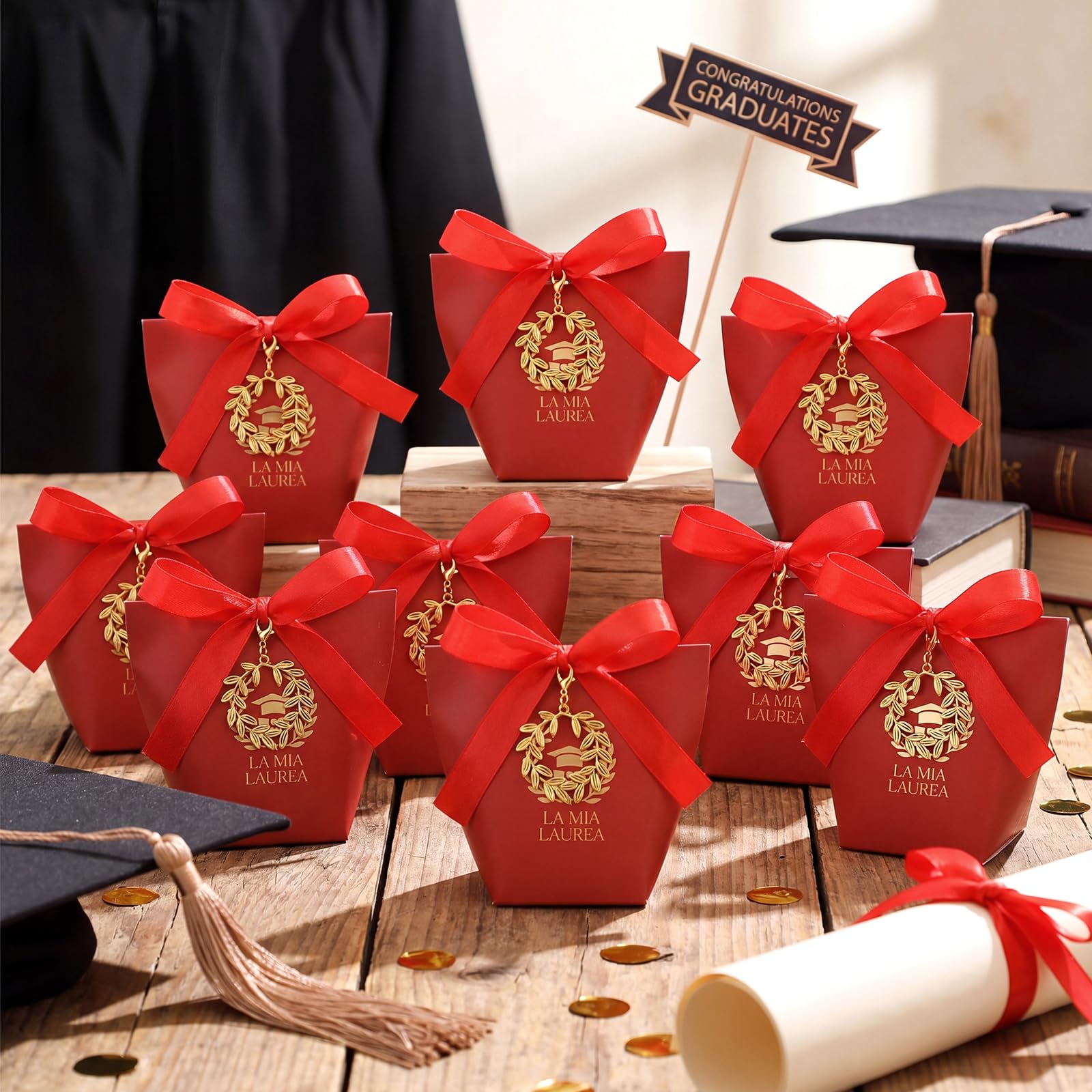 BBTO 50 Sets Cajas de recuerdos de graduación Incluye 50 Rojo cajas de recuerdos 50 llaveros de Corona de laurel 1 rollo de listón rojo Regalos de decoración para fiesta de graduación hechos a mano