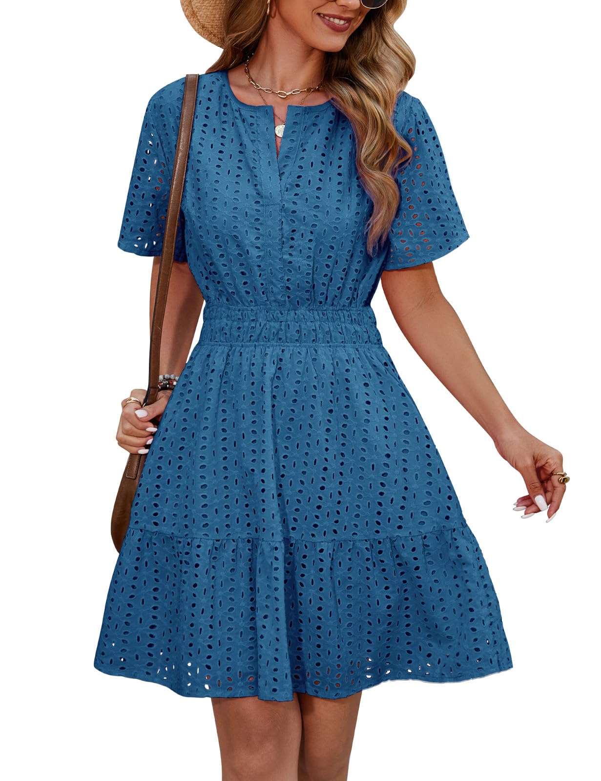 Yuson Girl Kleid Damen Sommerkleid V-Ausschnitt Kurzärmeliges Kleider Sommer Baumwolle Ausgehöhltes Minikleid Kurz Strandkleid Freizeitkleid High Waist A-Linien Sommerkleid