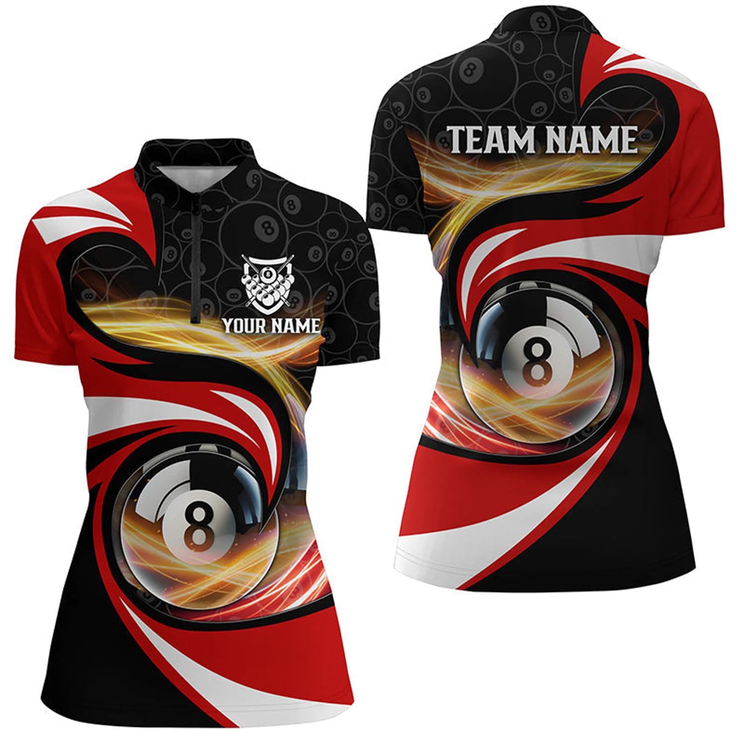 Personalized Style Red 8 Ball Billiard 3D Quarter Zip Shirts for Women 8 Ball Pool Team Jerseys V1063