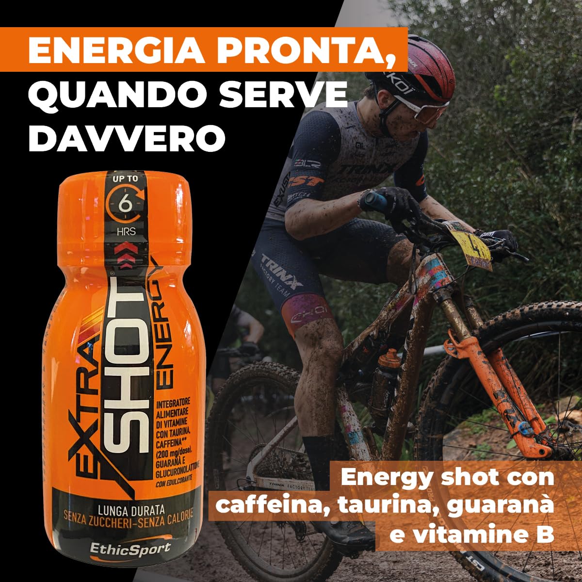 Extra Shot Energy EthicSport – Energy shot con Caffeina 200 mg, Taurina, Guaranà e Vitamine B – Focus, concentrazione e riduzione stanchezza – 12 flaconi da 60 ml – Senza zuccheri, gluten free