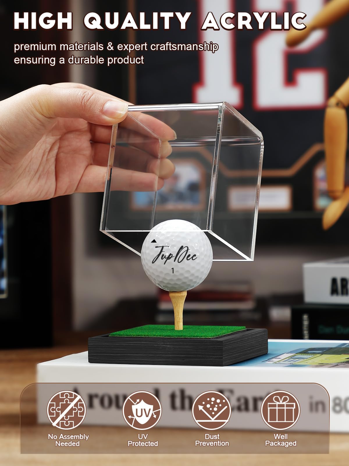 JupDec Vitrina para pelotas de golf, acrílico transparente, soporte de cubo con base de madera y camiseta, caja de almacenamiento transparente con protección contra el polvo para colecciones de