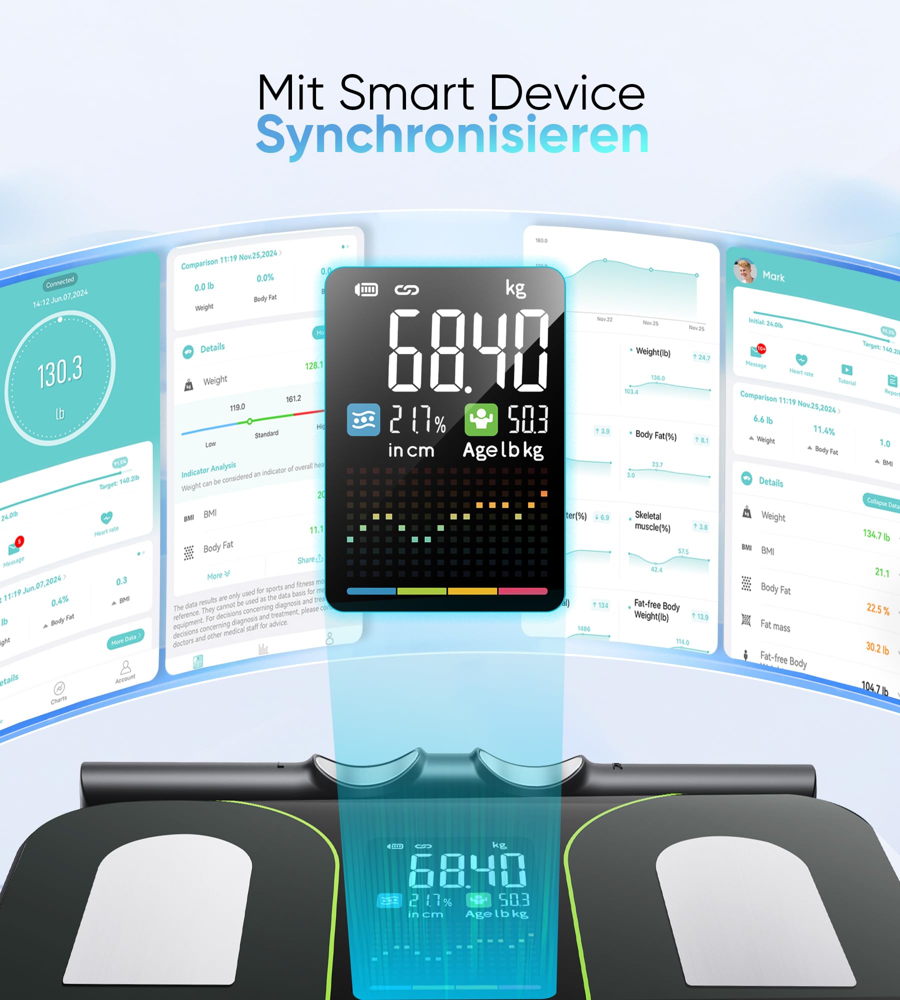 Körperfettwaage mit 8 Elektroden, Personenwaage mit 58 Körperanalyse Bluetooth App mit Handsensoren Waage mit Körperfett und Muskelmasse für Protein, BMI, BMR, Großem Display,180 kg/400 lbs