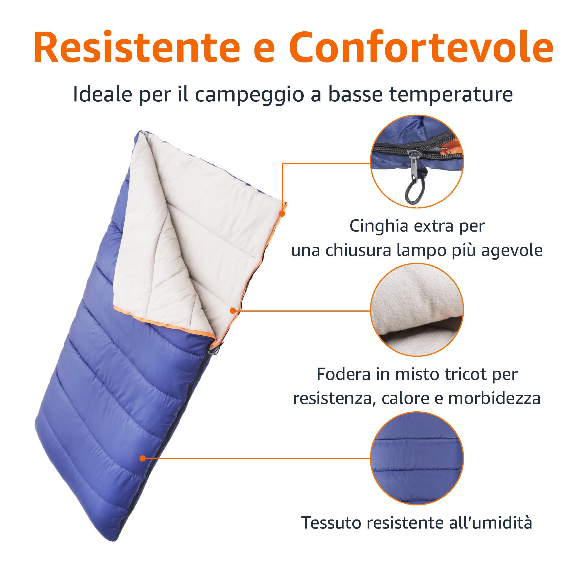 Amazon Basics Sacco a Pelo Leggero, 4 Stagioni, per Clima Freddo e Caldo, Campeggio ed Escursionismo, 190 x 83 cm, Blu