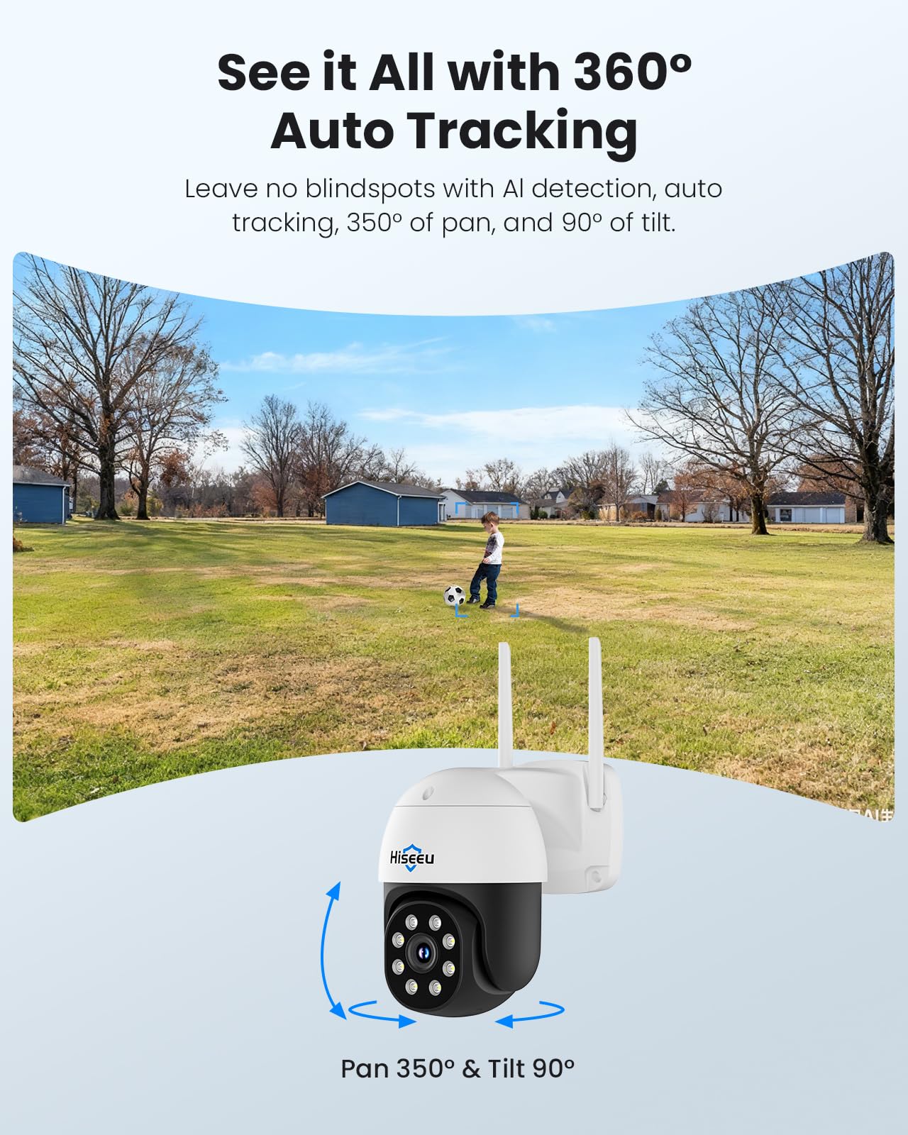 Hiseeu Kamera bezpieczeństwa 4K + automatyczne śledzenie na zewnątrz z kolorowym noktowizorem, cyfrowy zoom 4K PTZ, kamera bezpieczeństwa Wi-Fi, widok 360°, kamera CCTV z 2-drożnym dźwiękiem