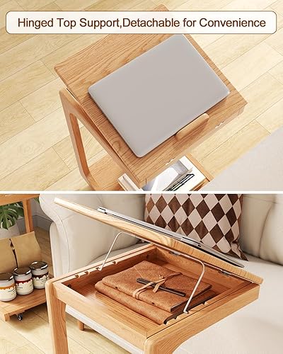 Miniatura 9 de AQIMUELE Mesa auxiliar de madera en forma de C, mesa de sofá con escritorio ajustable, mesa auxiliar pequeña con 2 ruedas con cerradura, mesa