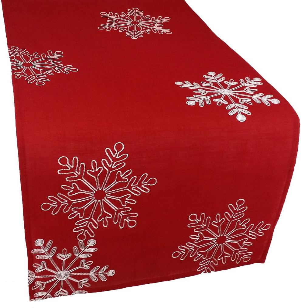 Snowy Noel Embroidered Christmas Table Runner with White Snowflakes, 15 by 90-Inch