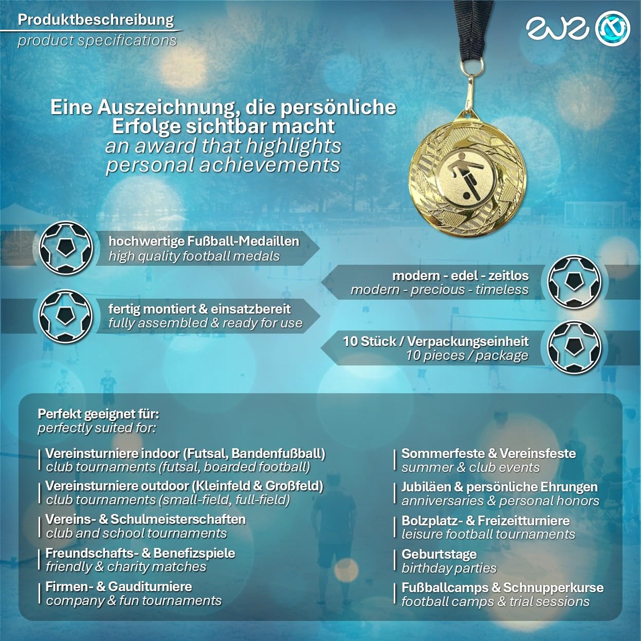 eve-nt Fußball Medaillen Set - 10/20/30/50/100 Stück - Durchmesser 50 mm goldfarben - Metall Medaillen mit schwarzem Band - Sieger Auszeichnung für Fußballturniere & Sport