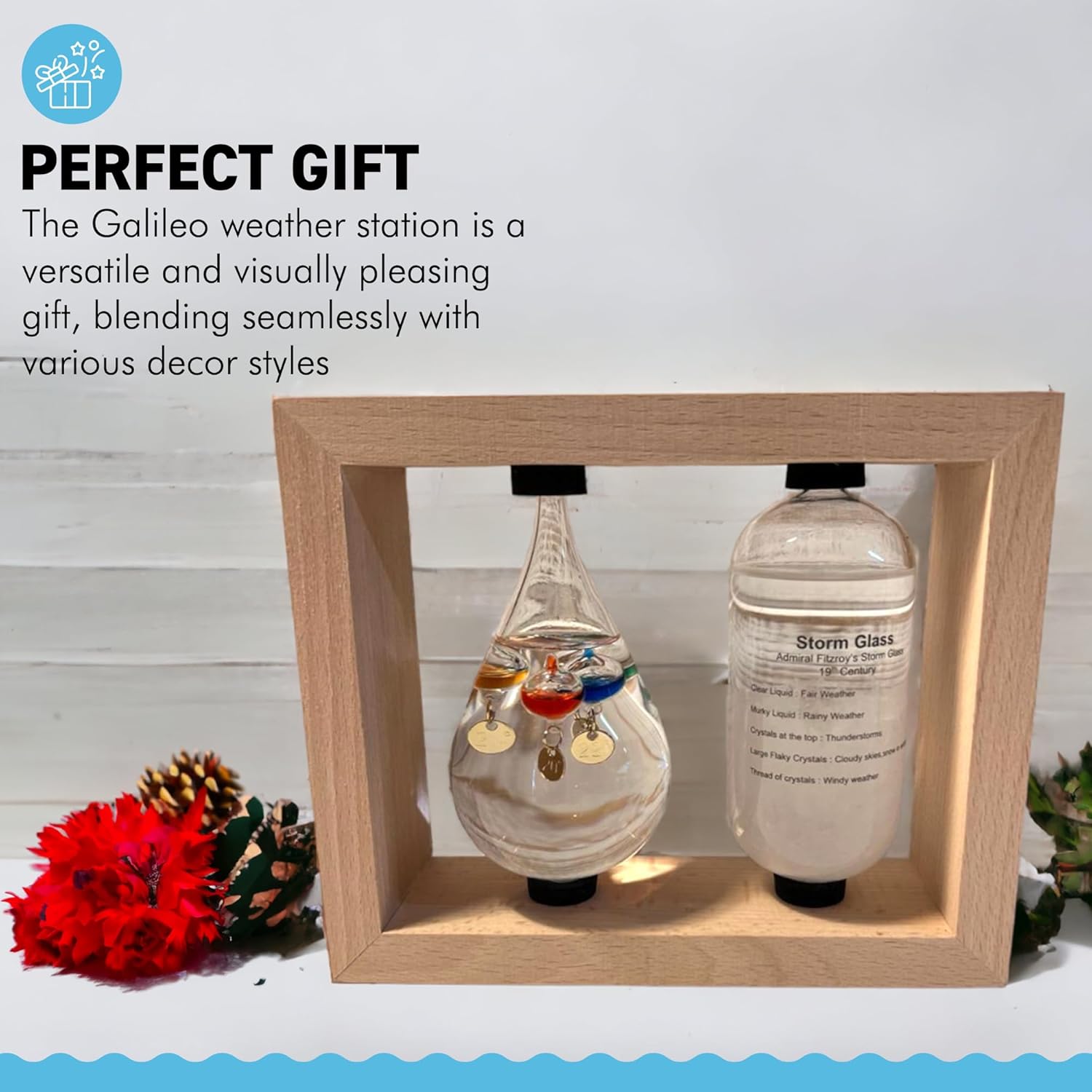 GALILEO WEATHER STATION | Glass thermometer | Weather forecaster | Weather gift | Glass Galileo with storm glass | Weather thermometer | 14cm (H) x 17cm (W) x 5cm (D)