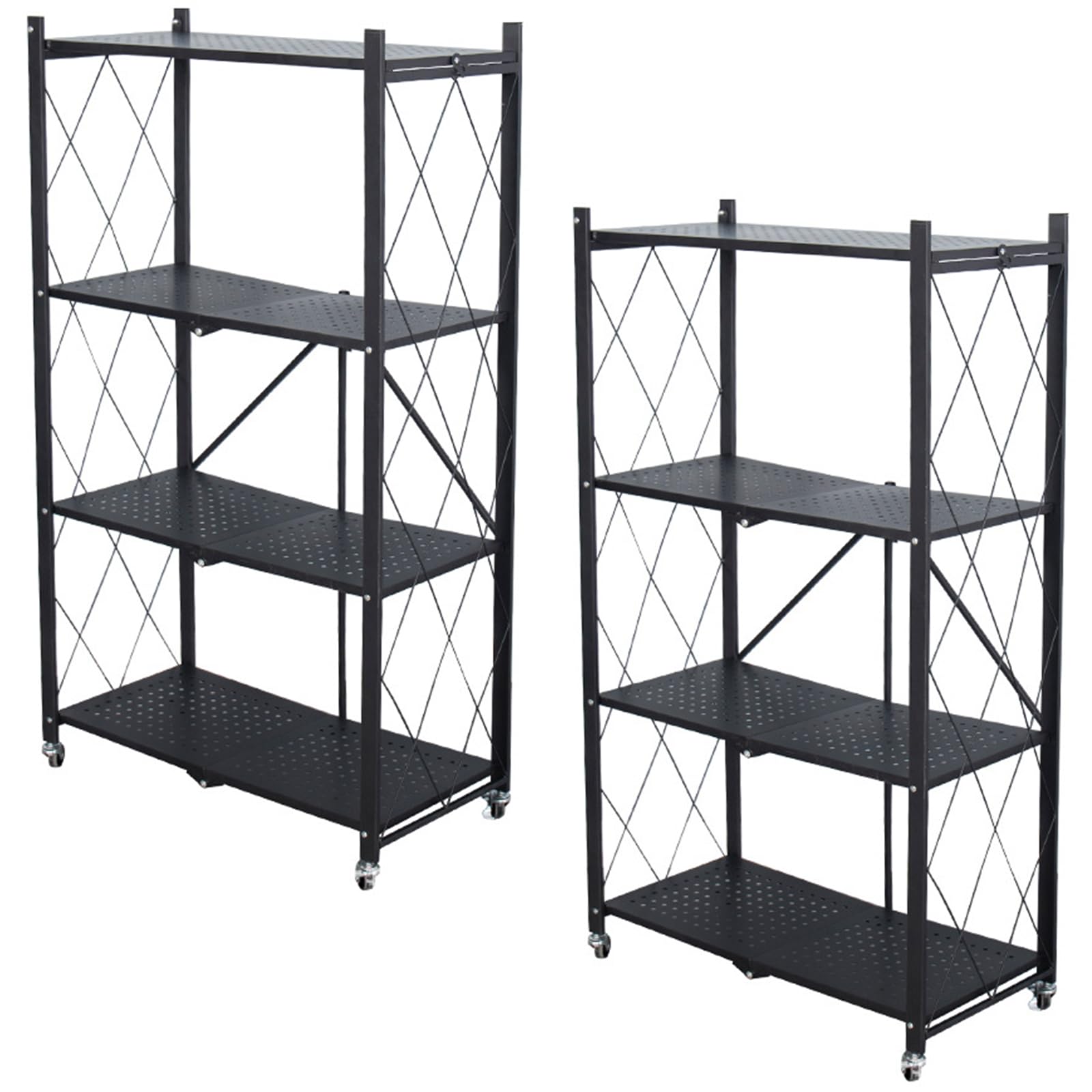 Life Hacks 2pcs 4-Tier Foldable Shelves for Storage, No Assembly Required, Folding Shelf Unit Pantry Shelves with Wheels, Metal Shelving Storage Rack