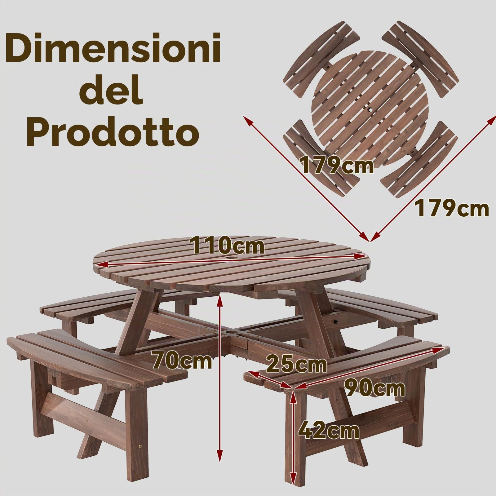 GIANTEX Set da Giardino in Legno di Abete 8 Persone Tavolo con Sedie Integrato Foro Ombrellone 178x70 cm