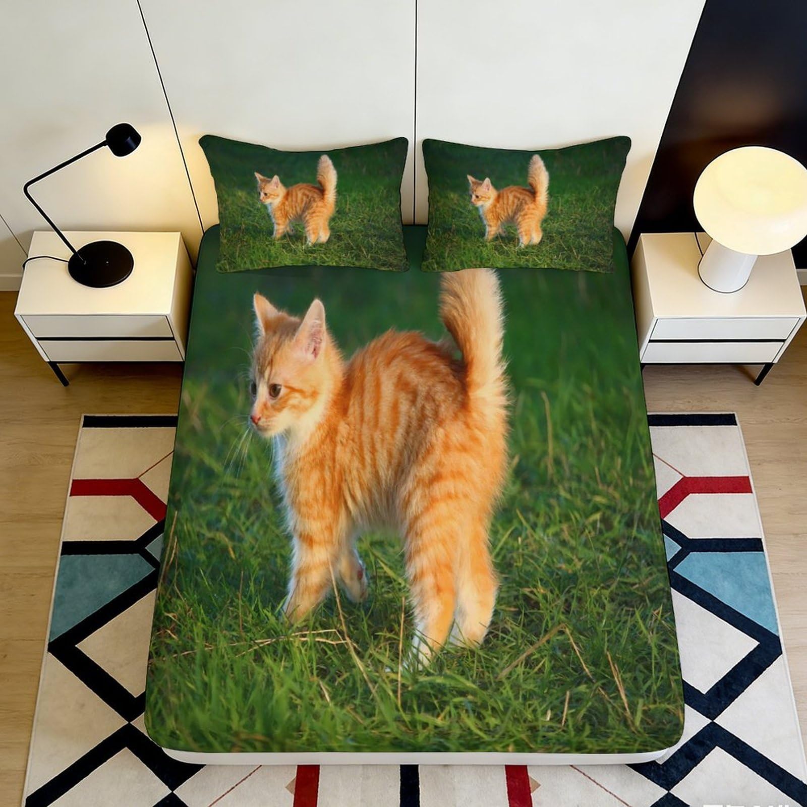 3D Printed Ginger Cat Fitted Sheet Microfiber Soft Orange Tabby Mattress Cover for Bedroom Guest Room Decor 90x200x25cm