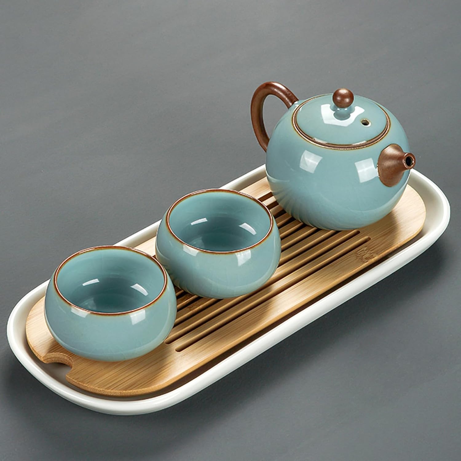 Ru kiln セラミックカンフーティーセット、高級日本製ティーポット ティーカップ ティートレイ ホームオフィスギフト ラブティー