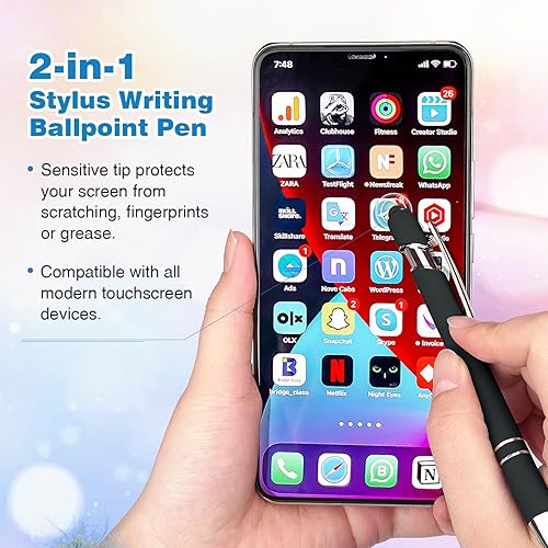 Miniatura 5 de Bribobo Paquete de 8 bolígrafos negros 2 en 1, lápiz capacitivo de metal retráctil con punta para pantallas táctiles, tinta negra de 0.039 pulgadas
