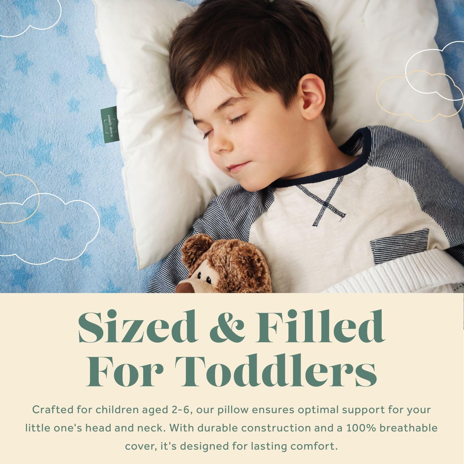 ComfyDown Toddler Pillow, 800 Fill Power Goose Down Fill, 300 Thread Count 100% Cotton Cover - Made in USA 18 Months to 6 Years (12" X 16")
