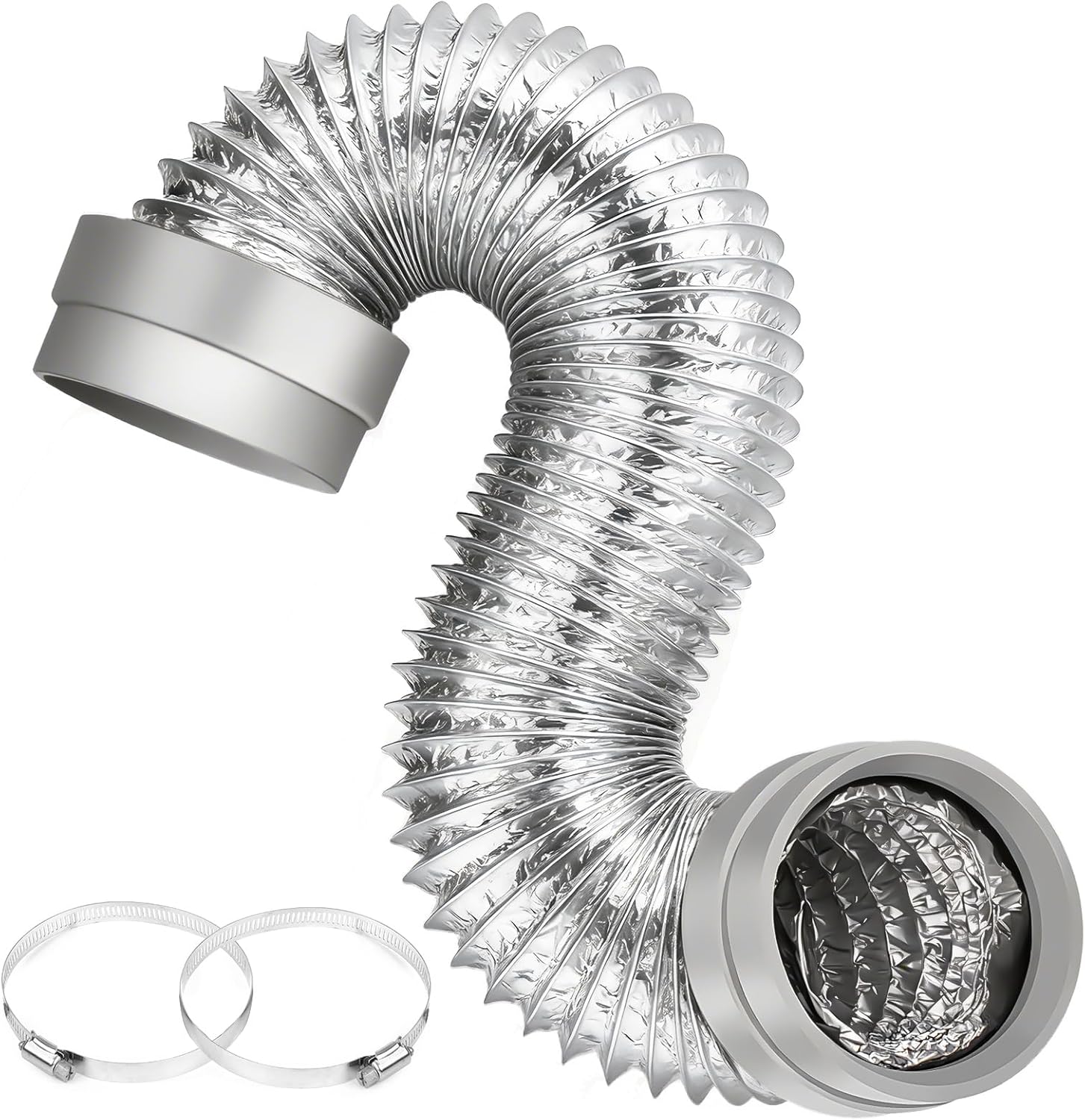 5FT Silver Dryer Vent Hose 4 Inch, Heavy Duty 6-Layer Aluminum Flexible Dryer Duct with Rubber Seal Connectors, Heat-Resistant Insulated Exhaust Hose for Tight Spaces, Universal Vent Kit with Clamps