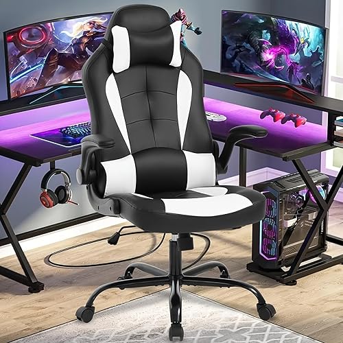Silla de juegos para PC, silla ergonómica de oficina de masaje ajustable en altura con giro de 360 grados, asiento ancho y reposacabezas, color