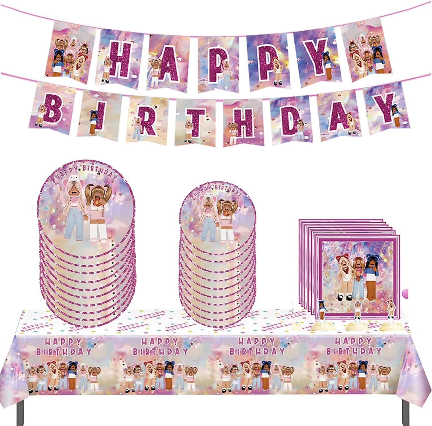 Pink Girl Robot Blocks Party Birthday Supplies, Robot Girls Game Party Tableware with Happy Birthday Banner, tablecloth, Disposable Paper Plates with Napkins for Kids Party Supplies Decorations