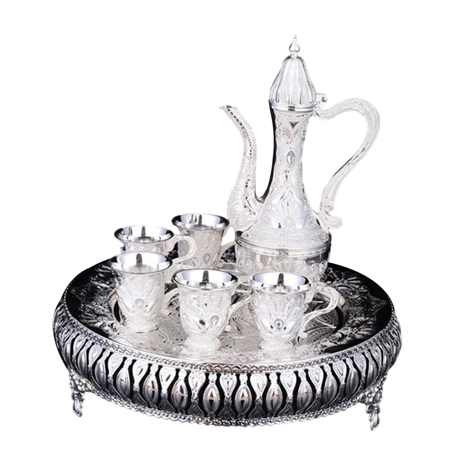 Qianly Turkish Coffee Pot Set Water Serving Set Holiday Gifts Antique Pot Metal Glass Jug Set Drinkware Winecup Beverage Drinkware, Argent