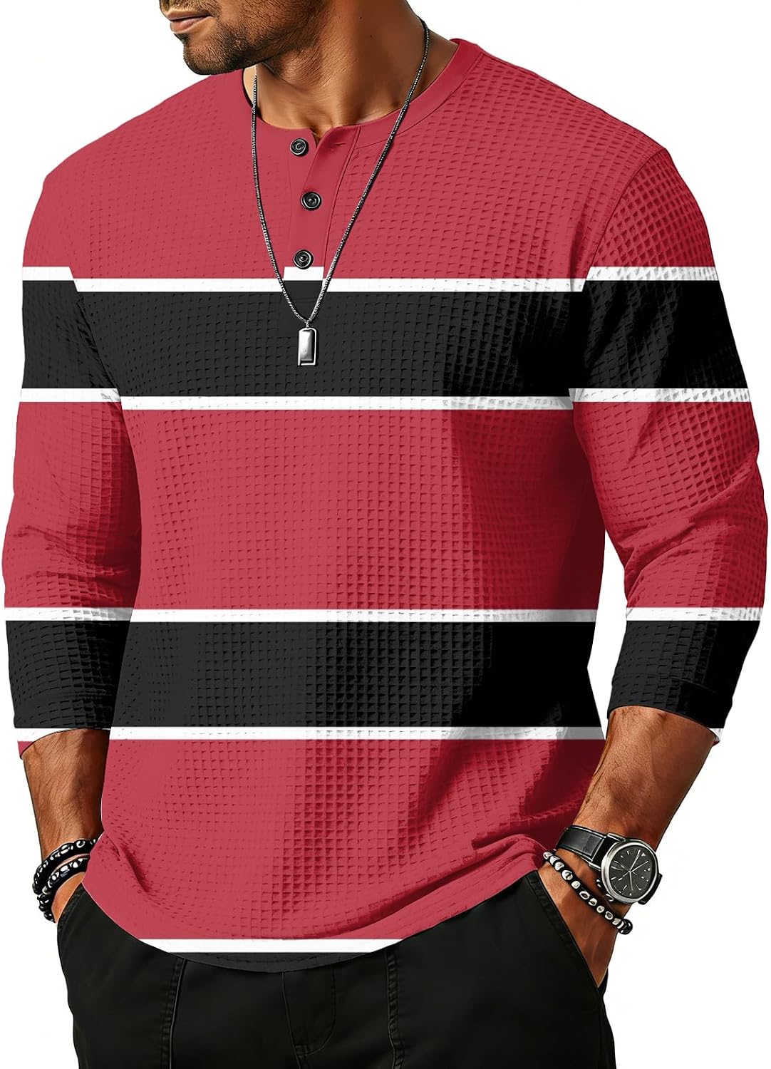 WENKOMG1 Men's Striped Henley Shirt 3/4 Sleeve Summer Beach Casual Athletic Workout T-Shirt, S-2XL