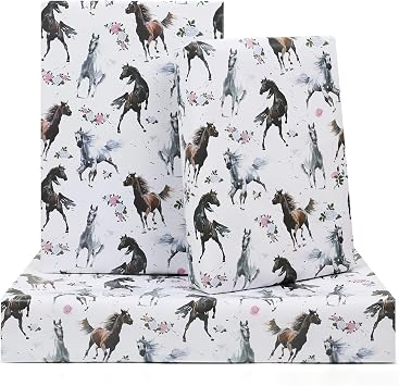 Horse Wrapping Paper for Boys Girls Kids, 6 Sheets Galloping Horses and Floral White Wrap Paper, 20 x 28 inches Per Sheet Cowboy Gift Paper for Horse Racing Theme Party Birthday Wedding Baby Shower