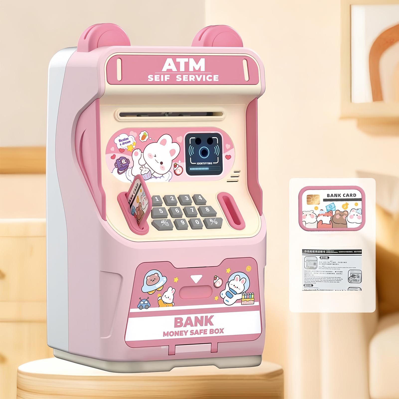 Salvadanaio Bancomat - ABS 25,5 x 13,5 x 13,0 cm | Elettronica con musica e riconoscimento facciale | Banca ATM con avvolgimento automatico per banconote e monete tipo bambini 3+ anni casa