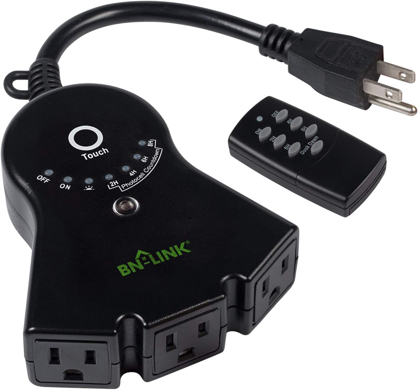 BN-LINK Outdoor 24-Hour Water Resistant Photoelectric Countdown Timer Photocell Light Sensor (2, 4, 6 or 8 Hours Countdown Mode) 3 Grounded Outlets Remote Control (100 ft Range) for Home and Garden - - 